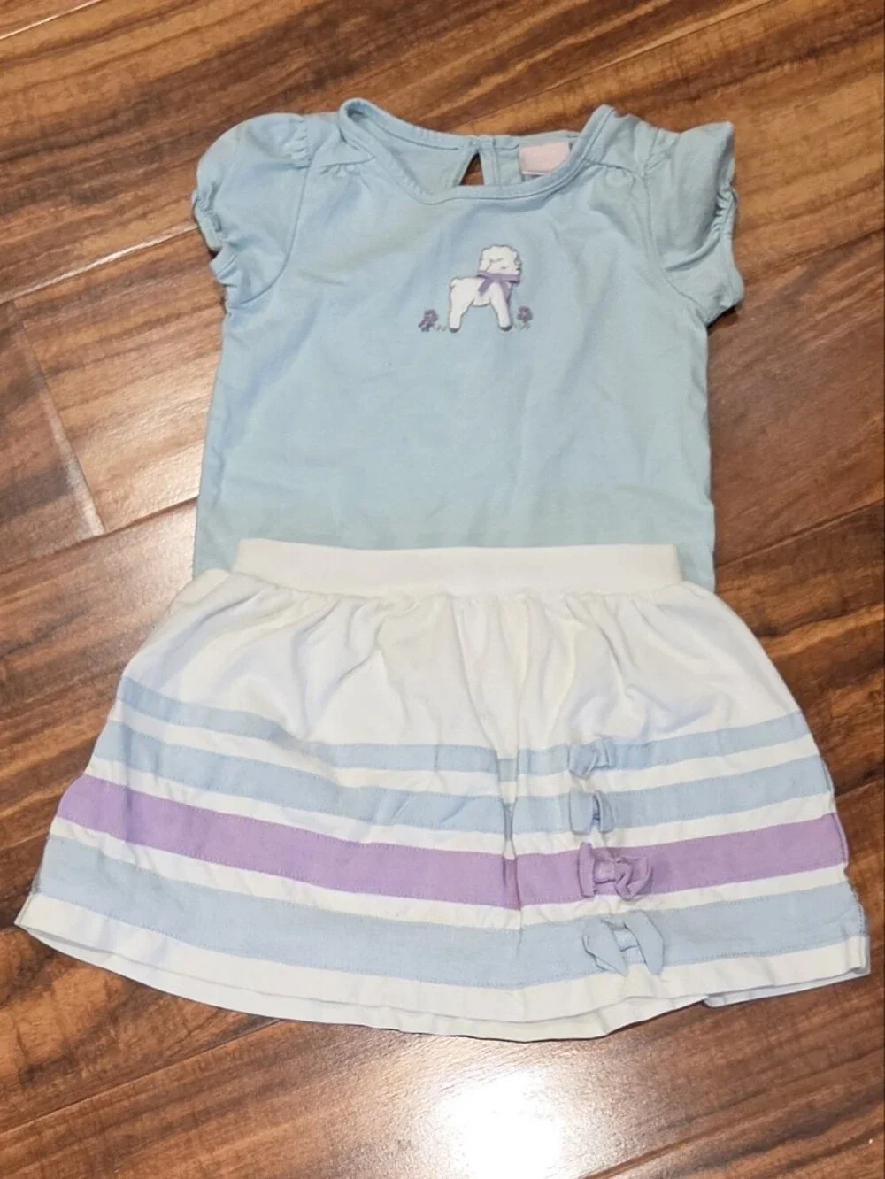 Janie and Jack EUC 12-18 months teal lamb top, colorblock ponte skirt